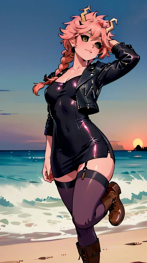 Best quality, focus on face, soft light, ultra high resolution (hiperrealistic: 1.4), RAW photo, 1 beautiful lady, ((Mina Ashido)) (boku no hero), ((with long hair, full braid hairstyle and deep copper color)), ((2 strand braid)), ((very short fringe, very...