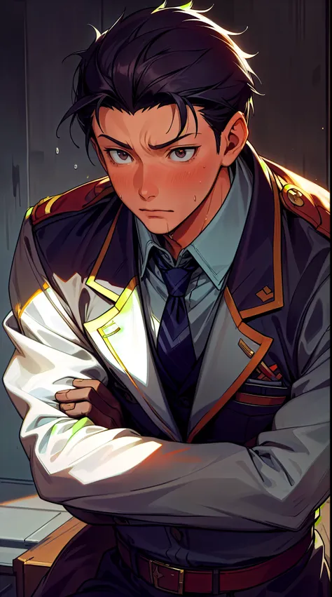 Hector Fay, Ultra high quality cg, solitary, Looking at the audience, Open your mouth, Sweating, Wet, Drooling, Gloves, 1 man, Upper Body, Male focus, tie，shirt， military uniform
