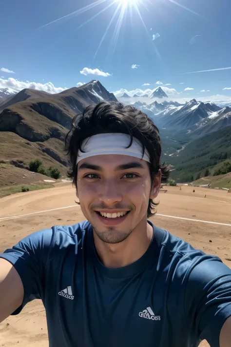 Latin American man, playing tennis, on top of a mountain, happy with his victory, in the European winter, black hair, forehead protector, happy tears, wide eyes, light smile, seductive smile, realism, Social realism, modern, drop shadow, satellite image, W...