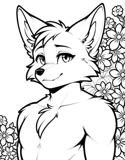 lineart, masterpiece, superlative, fox ears, male , solo, bust closeup, flower line drawing background, white background, monoch...