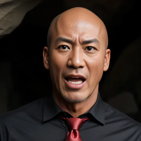 50 years old,One Man,、Muscular、Black Shirt、Red tie、In front of the cave 、Short Hair、Bald。　Asian Face　Stubble、Close-up of face　Surprised face。Open your mouth wide and scream