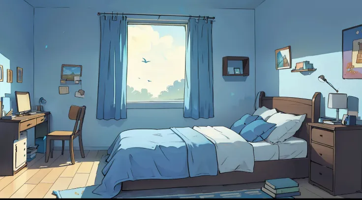 A teenagers room with computer, bed, books and a jenela with blue sky and sun, empty, day