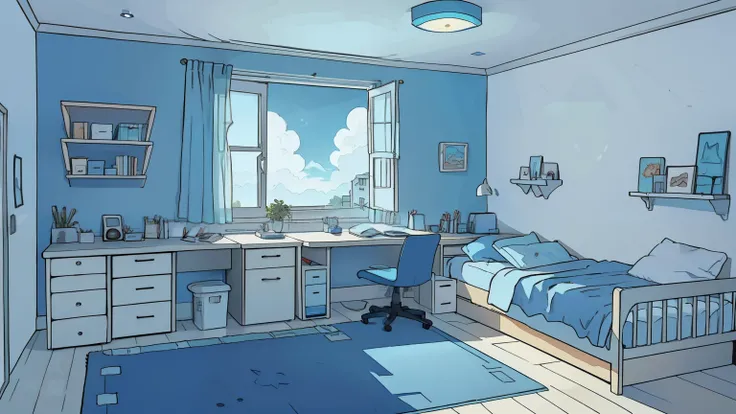 A teenagers room with computer desk, bed, drawing pad and a jenela with blue sky and sun, empty, cloudy weather