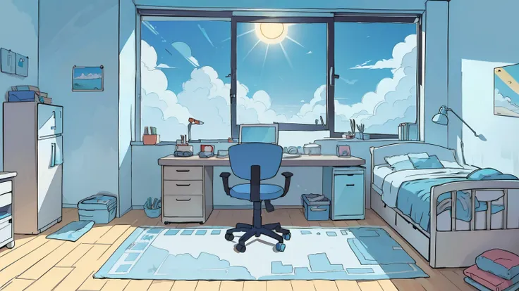 A teenagers room with computer desk, bed, drawing pad and a jenela with blue sky and sun, empty, cloudy weather