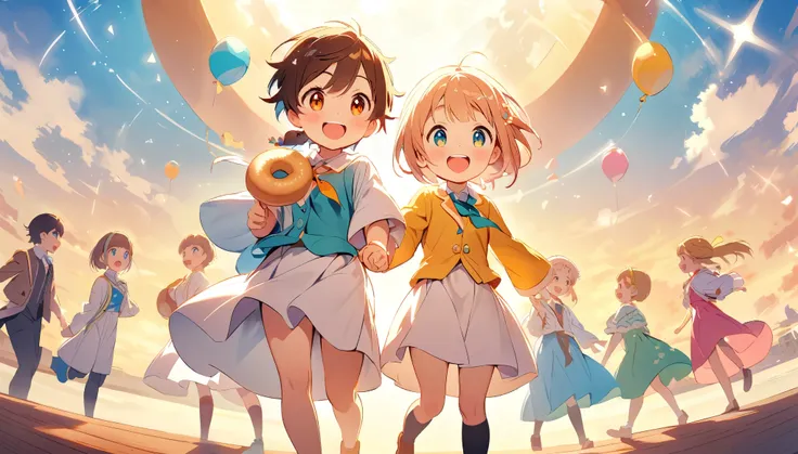 A bright and energetic conclusion, where the "happy daily life" symbolized by the donut continues into a new tomorrow. The scene radiates hope and joy, as the characters look forward to more happy days ahead, walking together with friends toward a hopeful ...