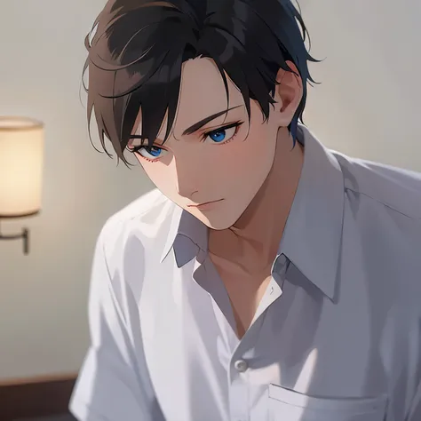 (looking away:1.5),upper body、
shiny skin, masterpiece、Best Quality、(2 male:1.5) and (Black short hair) and (blue eyes), 
White long sleeve shirt、
blush,The background is the living room at night、(alone:1.5)