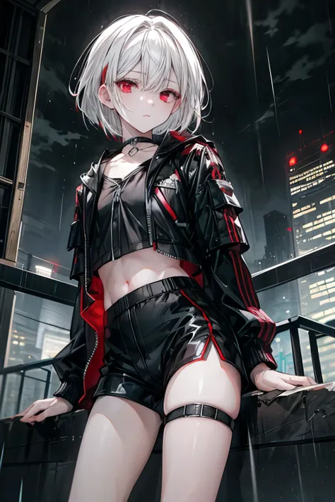 ((Best quality)), ((masterpiece)), (detailed), Perfect face, Alone, 1 BOY, Shota, anime, beautiful detailed eyes, Night City, black jacket, black shorts, BOB HAIR, WHITE HAIR, just play, Thigh Strap, rain, Choker, bare thighs, Expressionless, red eyes, ((d...