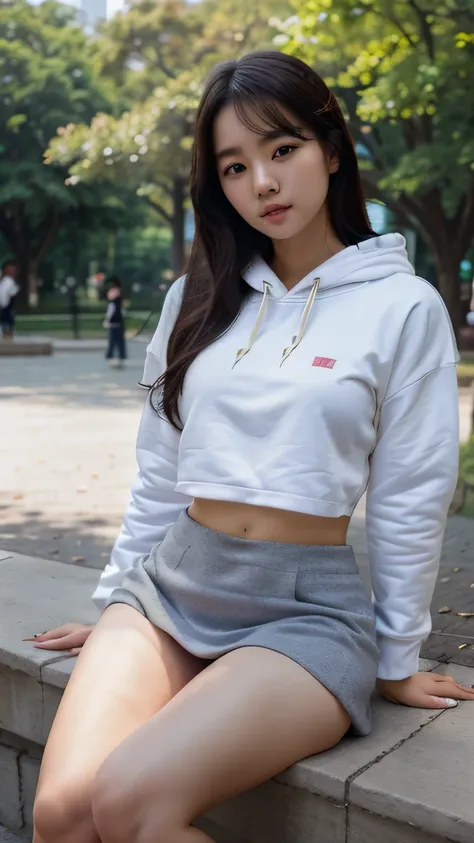 Beautiful Korean women are in a park,(wearing a mini skirt)),((wearing a hoodie)),cleavage visible,whole body,whole body terlihat,white skin,with a sitting pose,((thighs visible)).portrait,invisible hand,hands behind,don&#39;t show your hands.