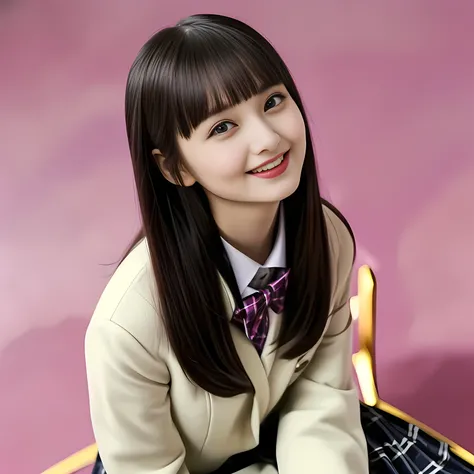 (Highest quality, masterpiece:1.2), Highest quality, High resolution, 1080P, 8k, height: 158cm, (Noble, Japanese 16yo mysterious hypnotist is seated on a pink flat floor and smiling directly at me in KANKO school uniform, Looking up at me deeply, Hypnotizi...