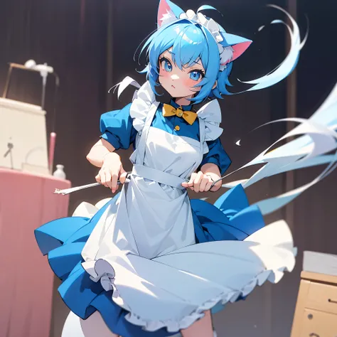 Cat maid anime character with blue hair and a white apron, Animated drawing by Kamagurka, Pixiv, Furry Art, Anime Cat girl in a maid costume, cute anime Cat girl, Anime Moe Art Style, anime Cat girl, Cat ears anime girl, cute!! Chibi!!! Cat girl, Anime Cat