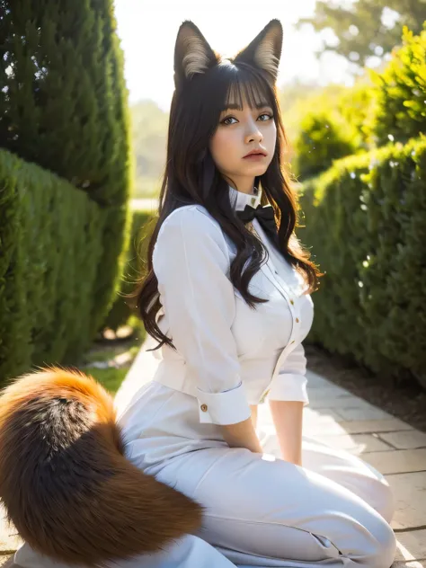 ((Best Quality, 8k)), ((masterpiece)), (Highest Resolution), Perfect Face, Woman with fox ears, Woman with a tail, Beautiful woman, She is a maid, This was taken outside the castle, Only one tail, She has thick thighs, Her big fox tail, I can see her fox t...