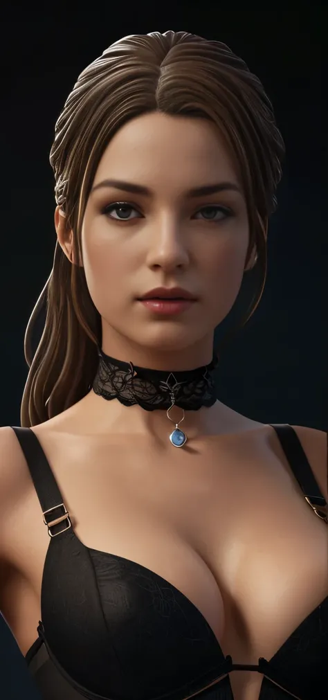 ((extreme detail)),(ultra-detailed), extremely detailed CG unity 8k wallpaper, figurine, small breasts, sexy tight  bodice squeezing and pushing up her breasts. cleavage. Choker. straps sleeves, lips, looking away, close-up, head turn, black background