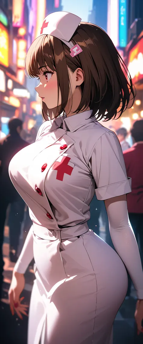 anime nurse in a white uniform walking down a street