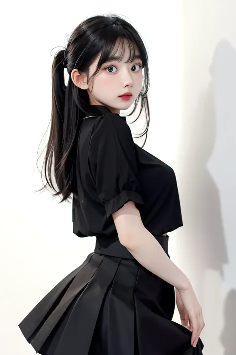 1girl,hair with bangs,black blouse and black skirt, ,white background,