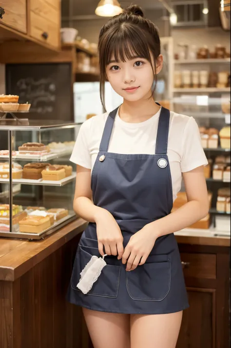 Working in a goast cakes shop、A girl wearing aprons and miniskirts（20 years old）