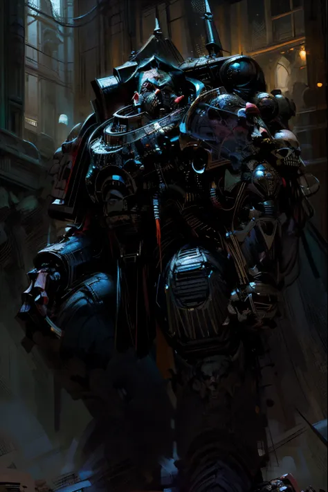 (masterpiece, best quality, perfect face, expressive eyes), intricate details, detailed, mecha, night lord, skulls, space marine...