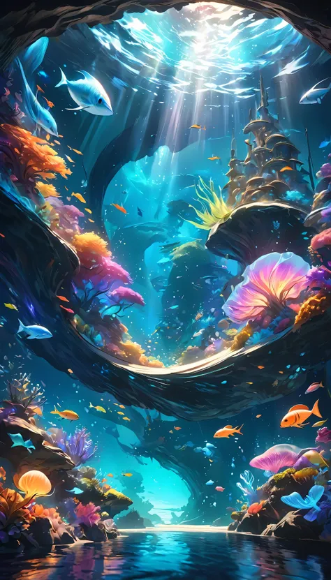 a surreal, ethereal underwater fantasy world, breathtaking vibrant colors, glowing bioluminescent creatures, serene tranquil ocean scenery, dreamlike atmosphere, mystical magical ambience, elegant flowing movement, zero gravity sensation, photorealistic 8k...