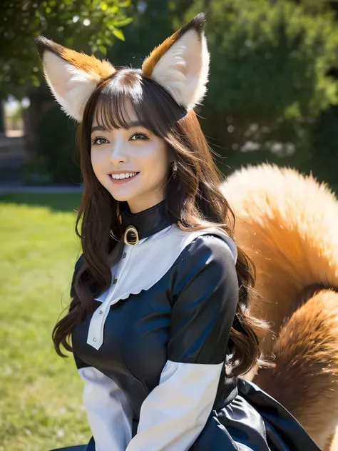 ((Best Quality, 8k)), ((masterpiece)), (Highest Resolution), Perfect Face, Woman with fox ears, Woman with a tail, Beautiful woman, She is a maid, This was taken outside the castle, Only one tail, She has thick thighs, Her big fox tail, I can see her fox t...