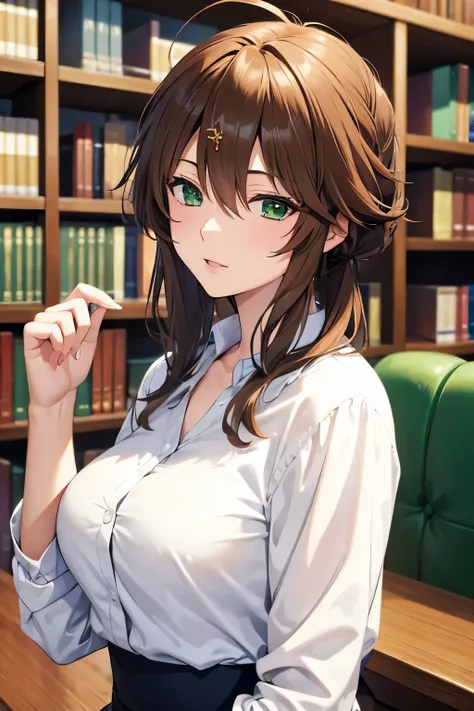 young mature beautiful cool lady, brown hair, green eyes,tsurime,The background is the university library.