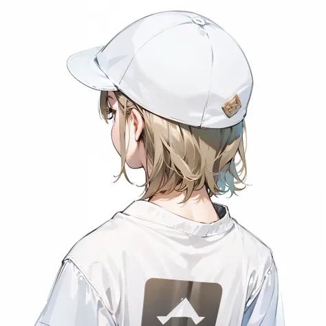 A girl looking back、White Cap、White T-shirt、Hair above the shoulders、Simple Background