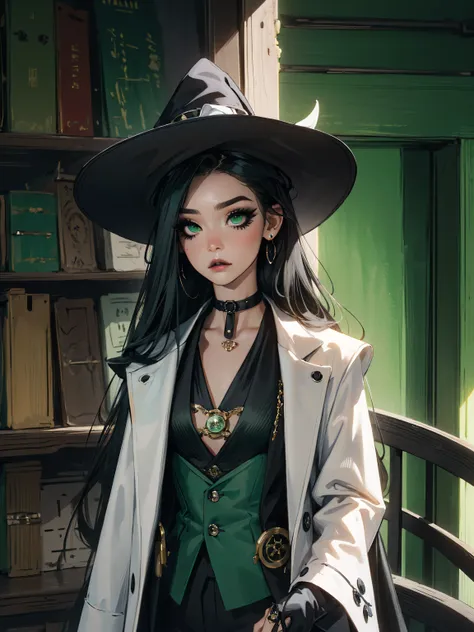 slender beautiful girl, emo_hairstyle, ((tight black suit)), (steampunk witch,  hat), black tie, ((long hair)), ((straight hair)...