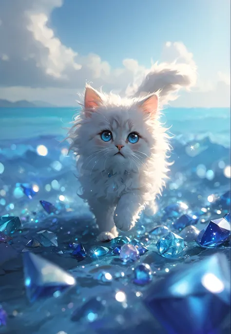 A lot of jewels,flower,star,diamond,star,run,sea,Aquamarine,High resolution, masterpiece, accessories, Sparkle Effect, star,Lots of blue gems,jewelry,A lot of jewels,Fluffy and soft fur,Ragdoll cat,Sunshine in front,Fluffy fur,Soft bristles,Lighting the fa...