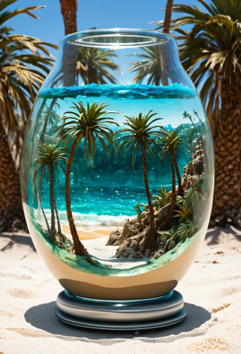 Sculptural double exposure, complex surreal painting of the best quality on cracked macro-micro world, hyper detailed, insanely detailed, surreal landscape in a glass vessel. Sea, palm tree and sand. The main background is a fabulous socialistic forest. Ro...