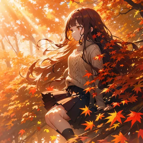 beautiful young girl, long hair, delicate features, soft smile, autumn forest, red maple leaves, dappled sunlight, warm colors, falling leaves, cozy sweater, pleated skirt, knee socks, autumn scenery