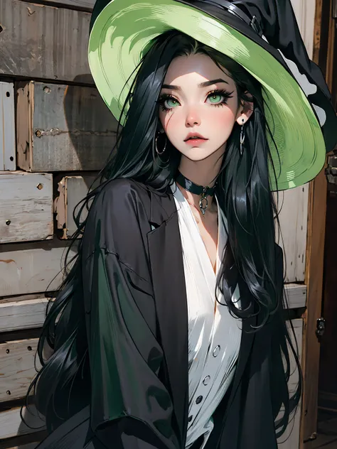 slender beautiful girl, emo_hairstyle, ((tight black suit)), (steampunk witch, witch hat, gothic), black tie, ((long hair)), ((straight hair)), (((black hair))), side swept bangs, white skin, pale, white, (green eye), tired expression, choker, ((dark makeu...