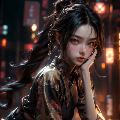 ((best quality)), ((Masterpiece)), ((Enrich the picture，Masterpiece level quality)), an image of a beautiful cyberpunk female, mature woman, fierce woman, cyberpunk theme, hips up, samurai girl, cyberpunk, fantasy, ((black hair, long hair)), beautiful gold...