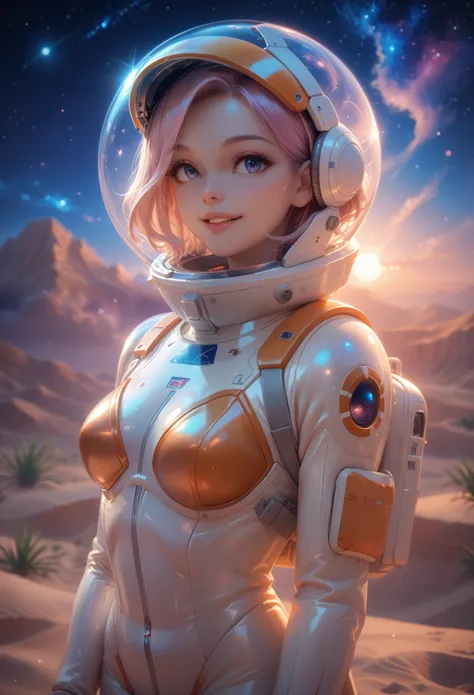 sexy, charming, young woman, joy on the face, smile, beautiful views, stands at full height, cosmos, open face spacesuit, holds ...