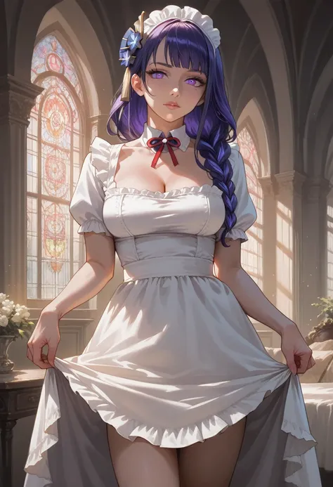 raiden shogun as an adult beautiful busty Italian milf maid with lovely figure, wearing an Italian maid dress,lifting up her long skirt to show her vagina, showing vagina, beautiful and intricate design on dress, photorealistic, high quality,8k,detailed fa...