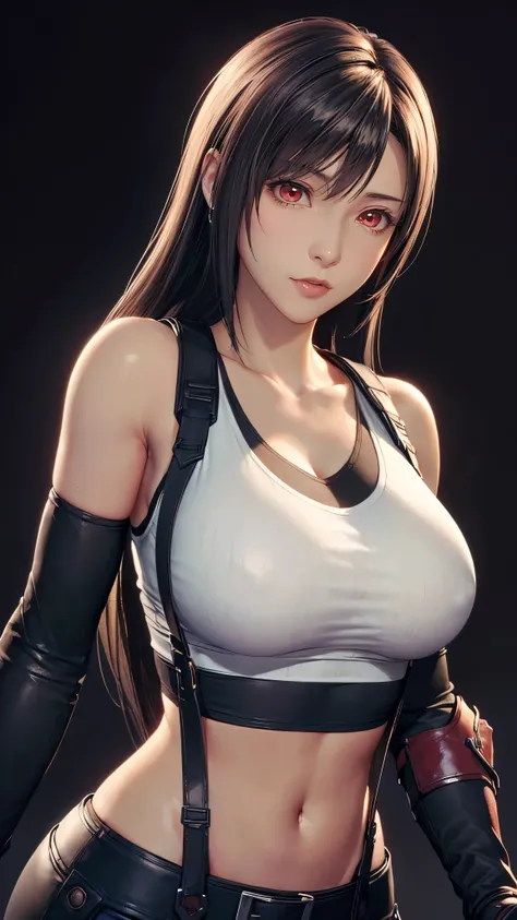 (（（figure，御姐figure,White and tender skin,（（（belt,  collarbone, crop top, elbow gloves, elbow pads, gloves, low-tied long hair, midriff, navel,  skirt, stomach, suspenders, Tank top, ）））,(（（Tifa Lockhart，red eyes，black hair，long hair））),((masterpiece)),high...