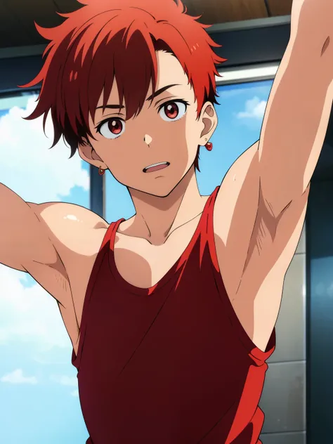 Highres, Masterpiece, Best quality at best,Best Quality,hight quality, hight detailed, Anime style, Anime screencap Style, 1boy, Boy, Shota, Solo person, hansome, Red hair, Messy hair, earring, Tank top, Upper body, Summer day, Laugh, Slim body, Blurry bec...