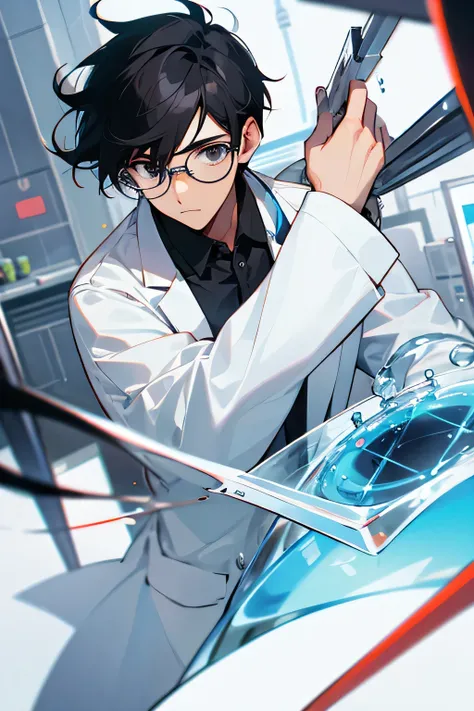 male , scientist, glasses, lab background  ,black hair