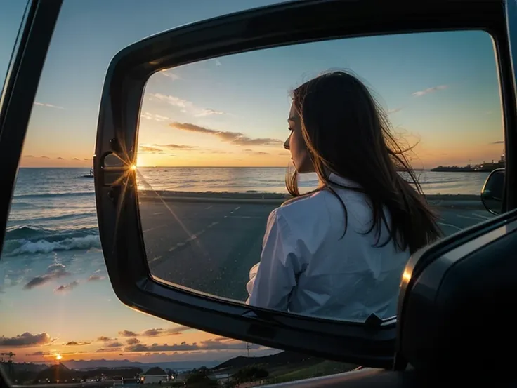 beautiful sunset reflected in side mirror. arafed view of a cars side mirror with a blue sky in the background, close up of side mirror, side mirror reflection, next to the reflecting ocean, view from behind mirror, during sunset, sunset reflected, inside ...