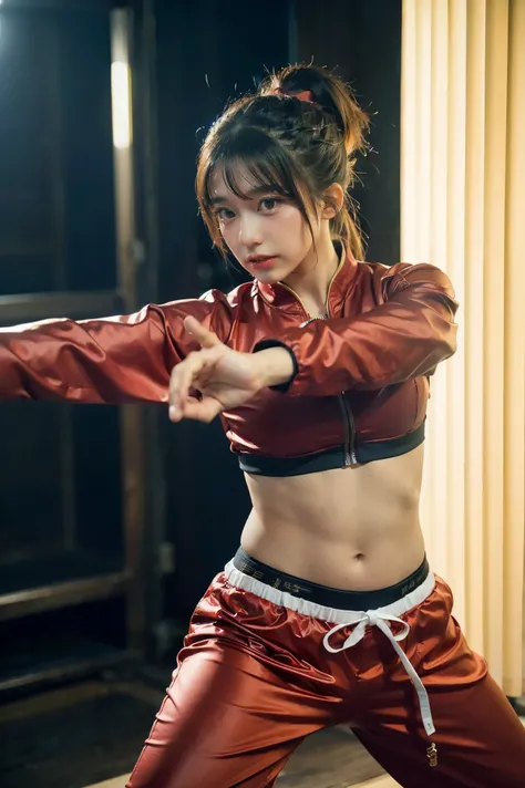 (((Highest quality, 8k, masterpiece:1.3)), 1girl, Fighter pose, (( futuristic Kung Fu Clothing)), Toned Body, red, ponytail, track pants, kungfu-styled jacket