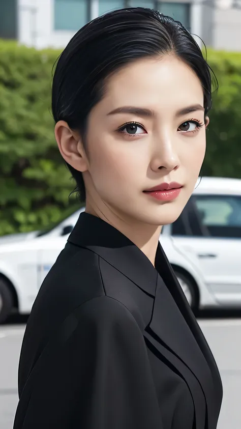 woman、criminal、age 35、((((black slicked-back medium-length hair)))), police station in the background、suit、slanted eyes、beauty、h...