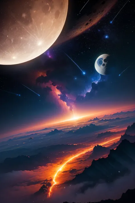 Scifi, high quality, landscape, space, planets, shooting stars, moon