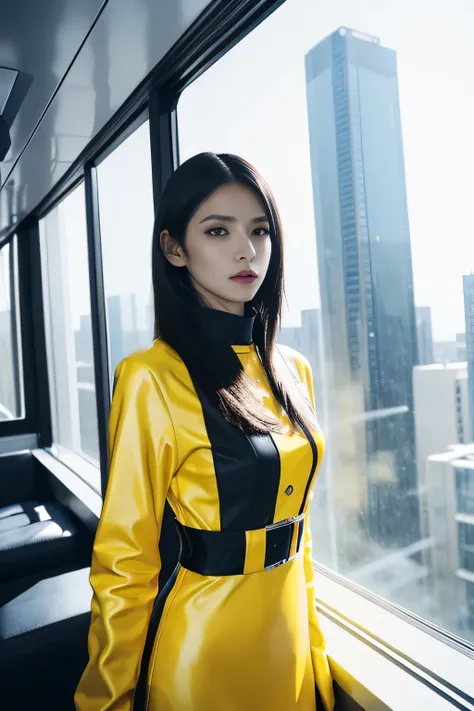 8k,(masterpiece:1.4)(best quality:1.4),(top quality), 1girl,fayuiry,black hair, black eyes, yellow latex dress,  uniform, inside spaceship, galaxy, window ,indoors,  standing,  looking at viewer,  solo focus,(shiny skin),steaming body ,