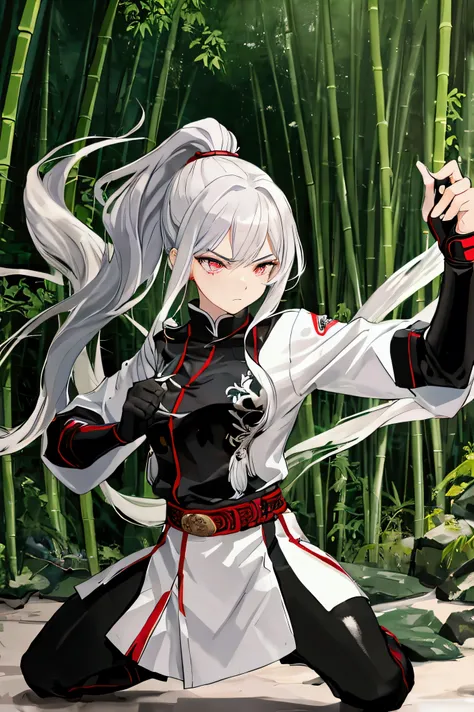 masterpiece, best quality, high resolution, female warrior, stance, silver hair, high ponytail, sharp gaze, no expression, black...