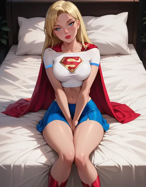 score_9, score_8_up, score_7_up, dcaustyle, 1girl, (supergirl, blonde, wearing supergirl costume, tight white tshirt, short slee...