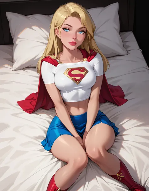 score_9, score_8_up, score_7_up, dcaustyle, 1girl, (supergirl, blonde, wearing supergirl costume, tight white tshirt, short slee...