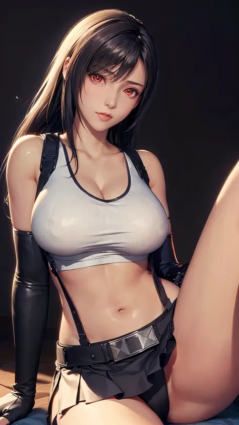 (（（figure，御姐figure,White and tender skin,（（（belt,  collarbone, crop top, elbow gloves, elbow pads, gloves, low-tied long hair, midriff, navel,  skirt, stomach, suspenders, Tank top, ）））,(（（Tifa Lockhart，red eyes，black hair，long hair））),((masterpiece)),high...