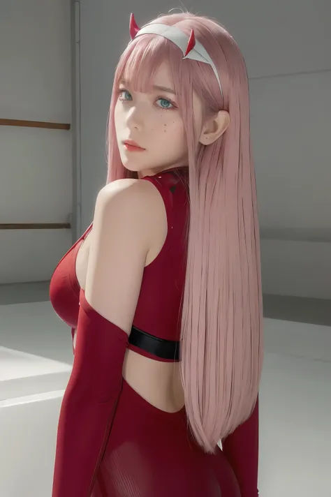 ((best quality)),((highly detailed)),masterpiece,absurdres,detailed face,beautiful face,((detailed eyes, deep eyes)),(1girl),((dynamic pose)),   Zero_Two, green eyes, 1girl, solo, red bodysuit, long hair, pilot suit, pink hair, bodysuit, straight hair, hai...