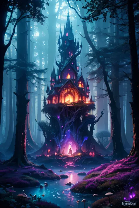 A fantasy landscape, magical forest, glowing mushrooms, otherworldly plants, enchanted architecture, dramatic lighting, vibrant colors, surreal atmosphere, ethereal mist, floating islands, fairy tale, digital art