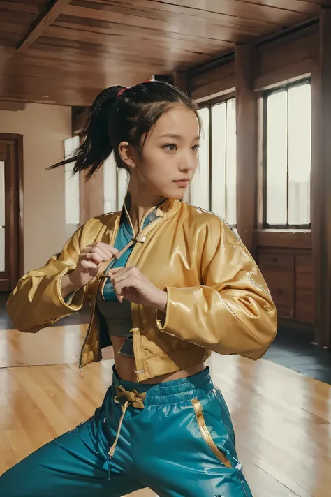 (((Highest quality, 8k, masterpiece:1.3)), 1girl, Fighter pose, (( futuristic Kung Fu Clothing)), Toned Body, ponytail, track pants, kungfu-styled jacket