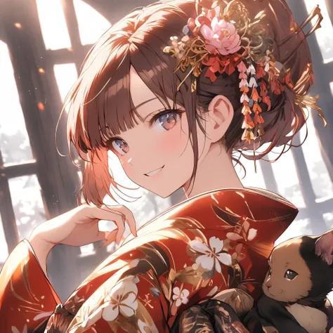 One girl, , Dark Eyes、Updo、Reddish brown hair、A mischievous smile、Upper Body、Gorgeous kimono、Gorgeous Kanzashi、thinking、Elegant Style、cool、Medium angle、Fantasy、Natural Light