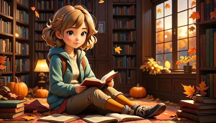 "((Lo-Fi drawing styles:1.5)), A heartwarming, highly detailed 3D-rendered illustration of a young woman in an anime style, sitting in a cozy library during autumn, wearing a stylish and vibrant outfit that stands out beautifully. She is peacefully reading...