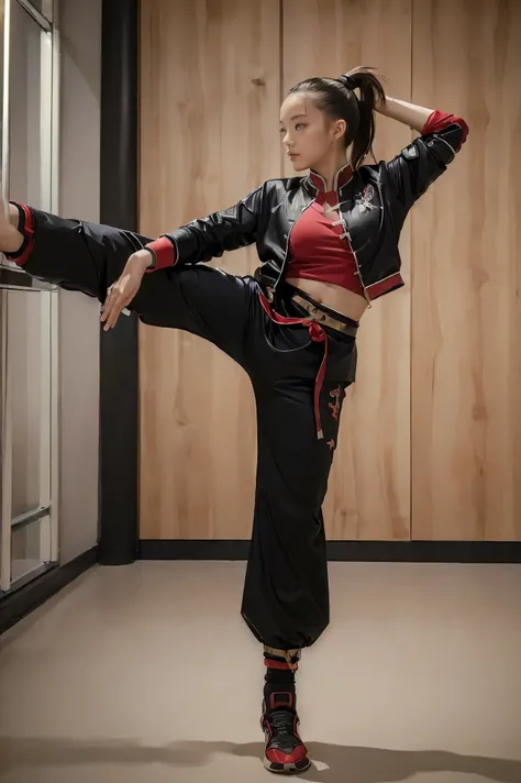 (((Highest quality, 8k, masterpiece:1.3)), 1girl, (( futuristic Kung Fu Clothing)), Toned Body, ponytail, black track pants, red kungfu-styled jacket